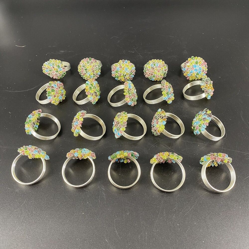 Set of 20 Beaded Floral Napkin Rings Multicolor Handmade Table Decor